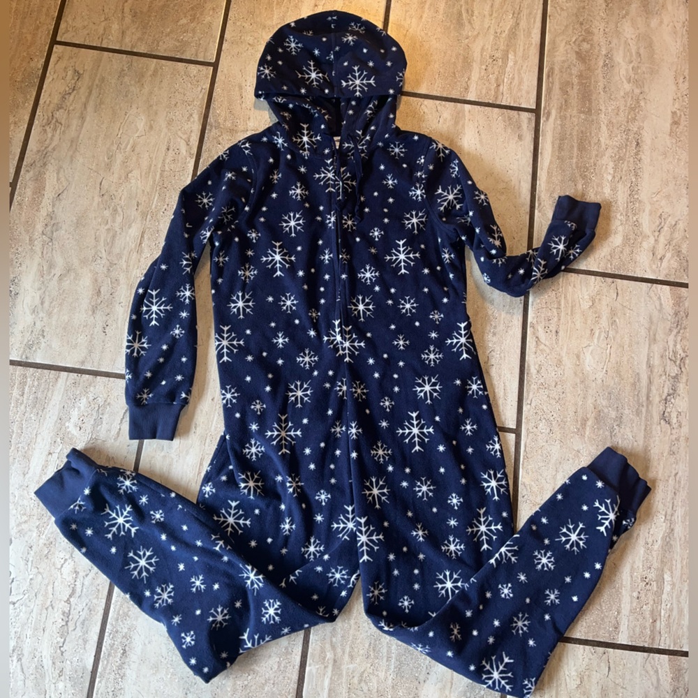 Navy Fleece Winter Snowflake Onesie Pajamas for Women Small